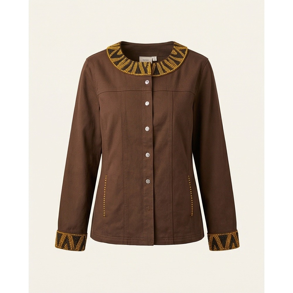 Quacker Factory L Womens Brown Embellished Button Front‎ Tribal Jacket NWOT
